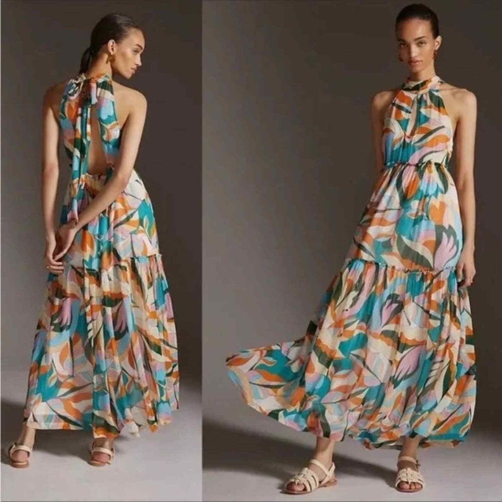 Anthropologie Maeve Maxi Dress XL Halter Retro Backless Resort Beachy Boho Teal